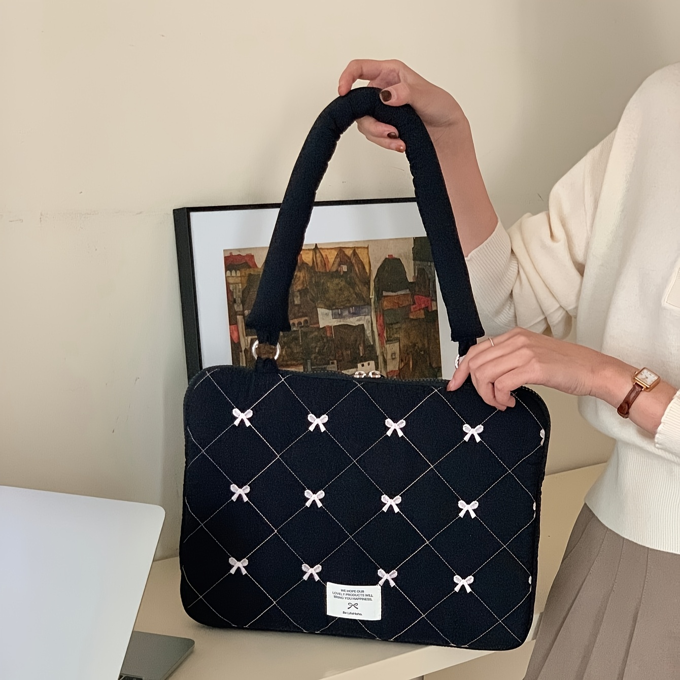 TEMU Laptop Bag Cute Bow Embroidered Storage Handbag 13/14 Inches .6 Inches Portable Shoulder Laptop Bag