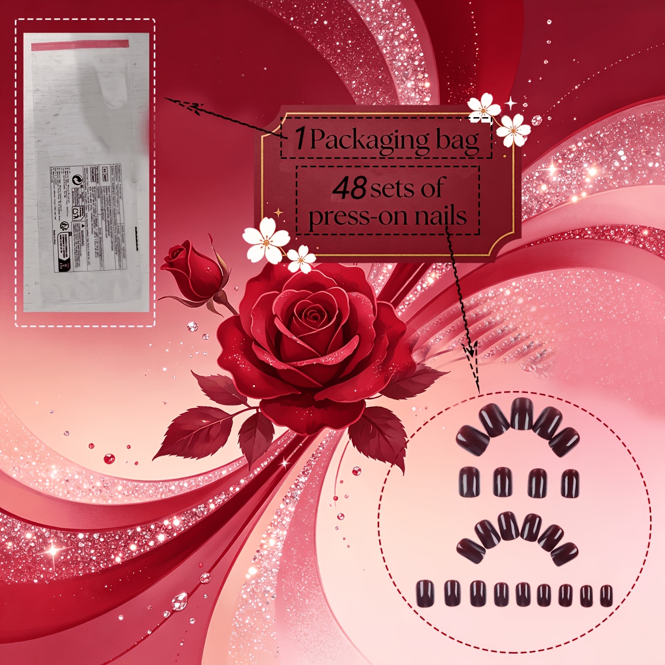 TEMU 49pcs (48pcs Of Wearable Armor+1 Packaging Bag) High-end Wine Red Short Square Nail Patches With Shiny Surface, Fake Nail Patches Nail Art Shop