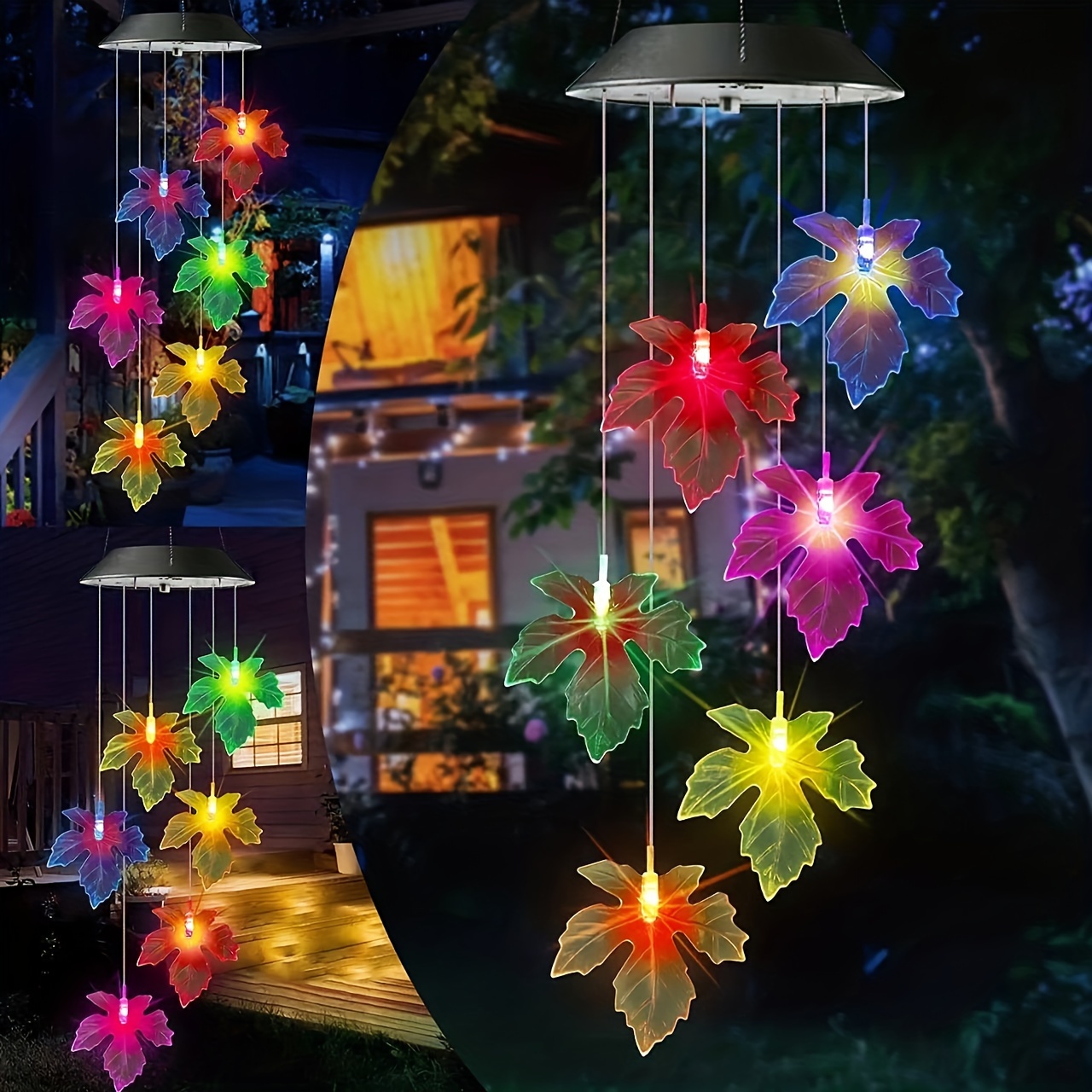 solar powered led maple leaf wind chime pendant lights energy   semi flush mount hanging lamp with 600mah nickel battery plastic shade detachable fixtures switch control no remote festive atmosphere lighting for   landscape details 3