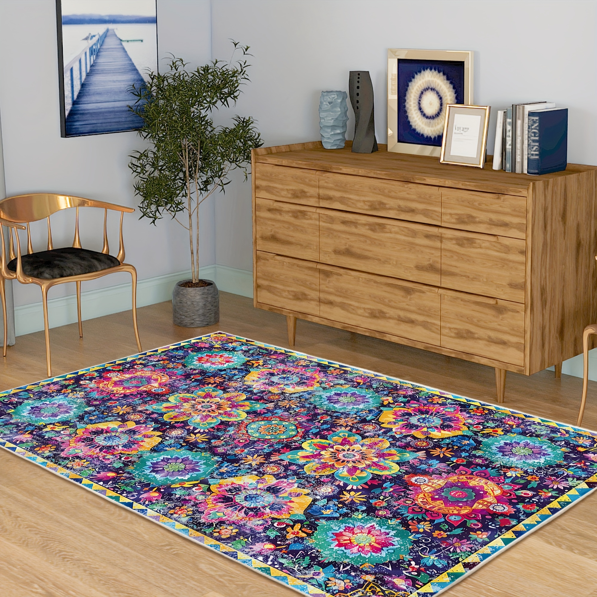 

Bohemian Vintage Floral Tufted Area Rug - Machine Washable, Non-slip, Lightweight Polyester Floor Mat, Low Pile, Pvc Backing, Ideal For Bedroom, Entryway, Office - Ethnic Persian-inspired Design, 1pc