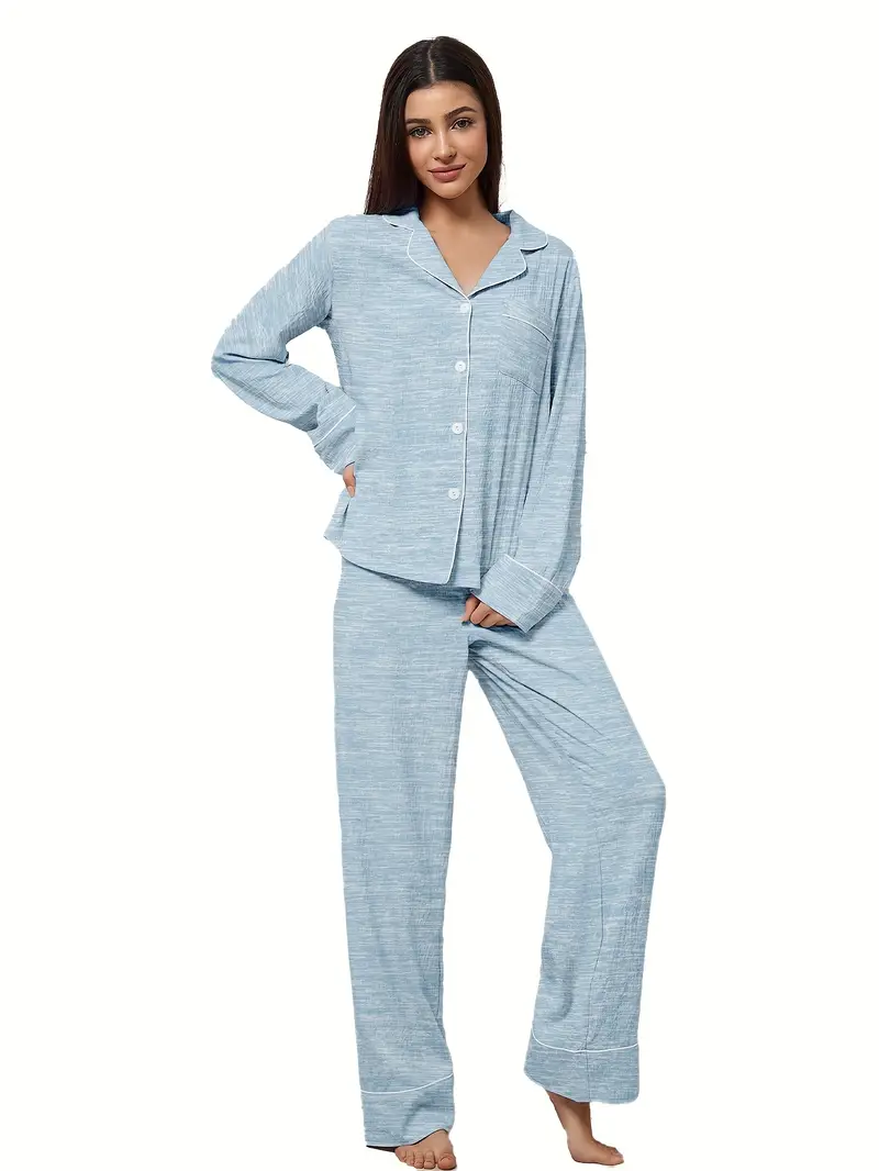 3 sets of 6pcs womens casual polyester solid color long sleeved top long pants sleepwear set fabric long sleeved lapel top with loose pants wear outside Product details 6