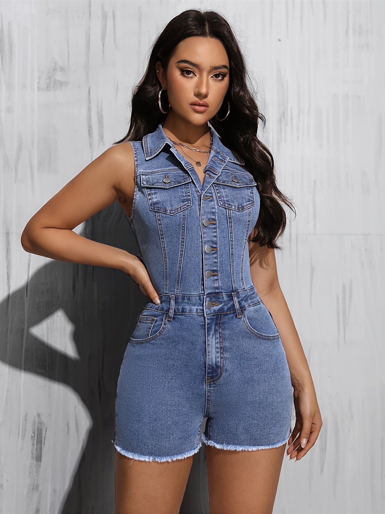 Blue Washed Denim Raw Hem Romper Shorts