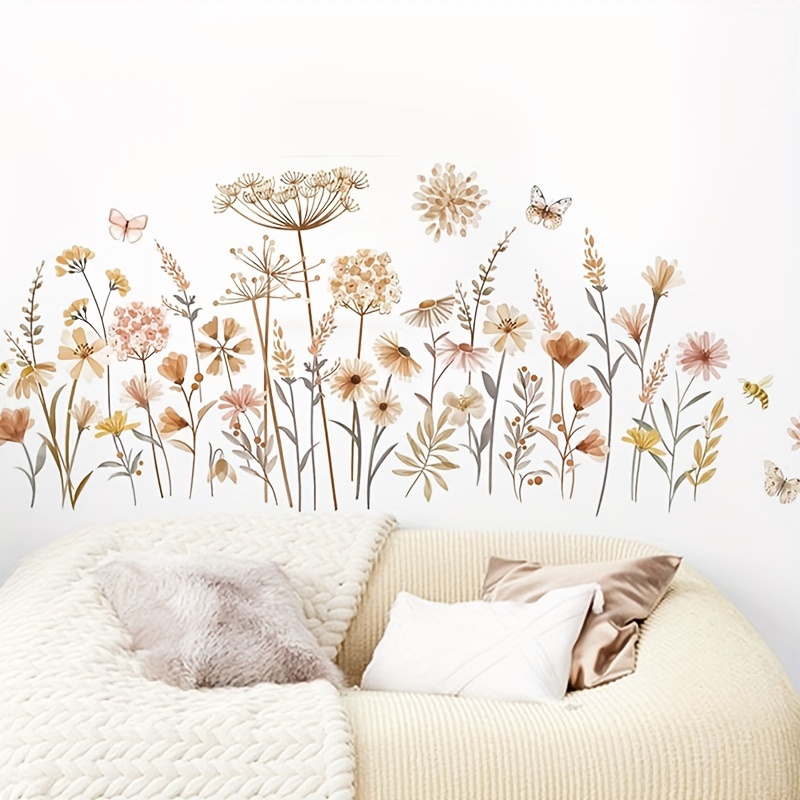 Image of Vibrant Floral And Insect Wall Decals - Removable Pvc Stickers With Bees, Butterflies, And Flowers For Bedroom, Living Room, Entryway Decor, Bee Decor