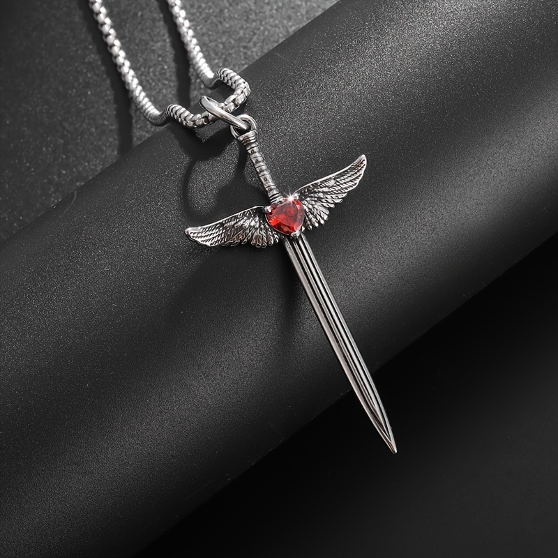 Vintage Red Cubic Zirconia Love Wings Sword Pendant Necklace