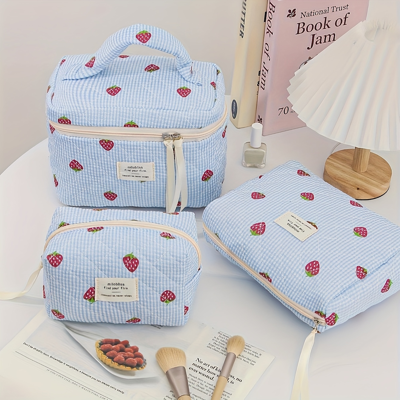 TEMU New 3pcs Set Large And Medium Strawberry Print Simple Cartoon Storage Bag Can Hold , Keys, Small Fresh Cute Handbag Makeup Supplies Large