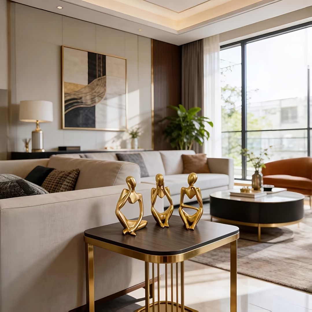 TEMU 3pcs Set Collectible Figurines Home Decor Golden Contemplator Ornaments Handcrafted Sculpture Light Luxury Character Sculpture Study Entrance