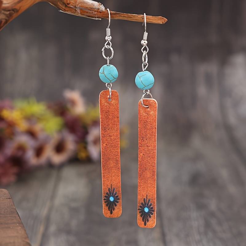 Cross-border New Retro Faux Leather Long Strip Handmade Bead Jasper Print Faux Leather Earrings