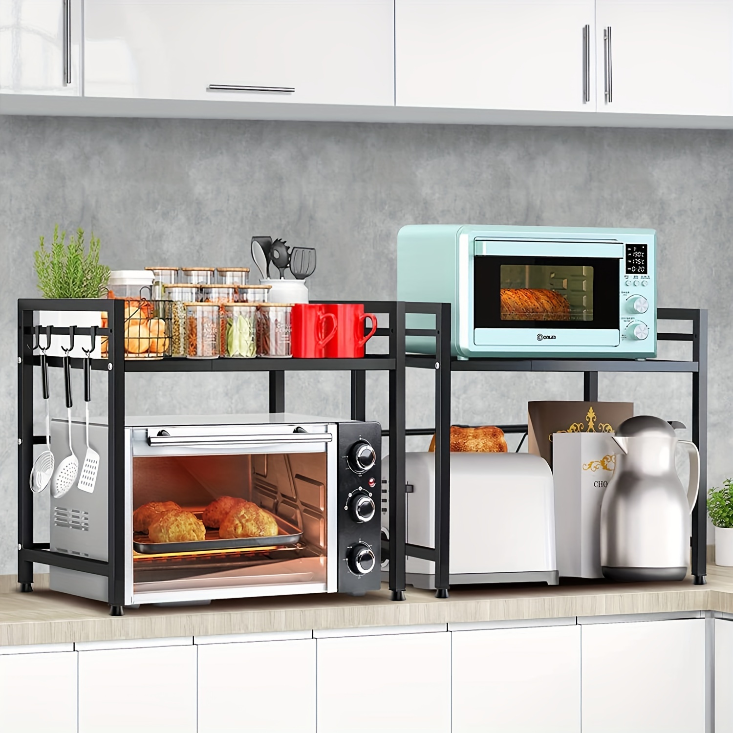 Kitchen Shelf, 40-64cm Extendable Microwave Shelf With 6 Hooks, 32cm/42cm Height-adjustable Microwave Stand, 30kg Load-bearing Microwave Oven Shelf, Microwave Oven Shelf, Spice Rack, Microwave Holder, Kitchen Storage Rack