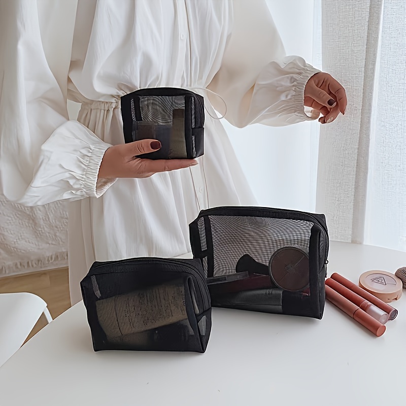 

3pcs Black Mesh Cosmetic Bags - Polyester, Scent-free, With Zipper Closure For Travel & Daily Use - Portable Makeup Organizer Pouches, Makeup Bags