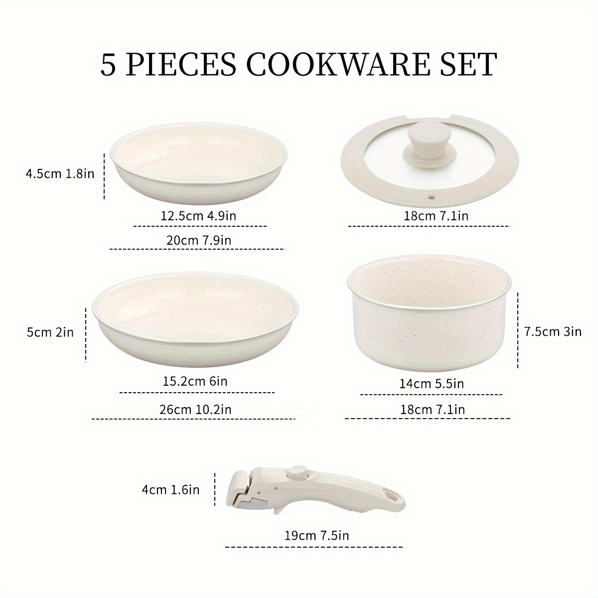 5pcs Nonstick Cookware Set with Detachable Handle for Induction Cooking