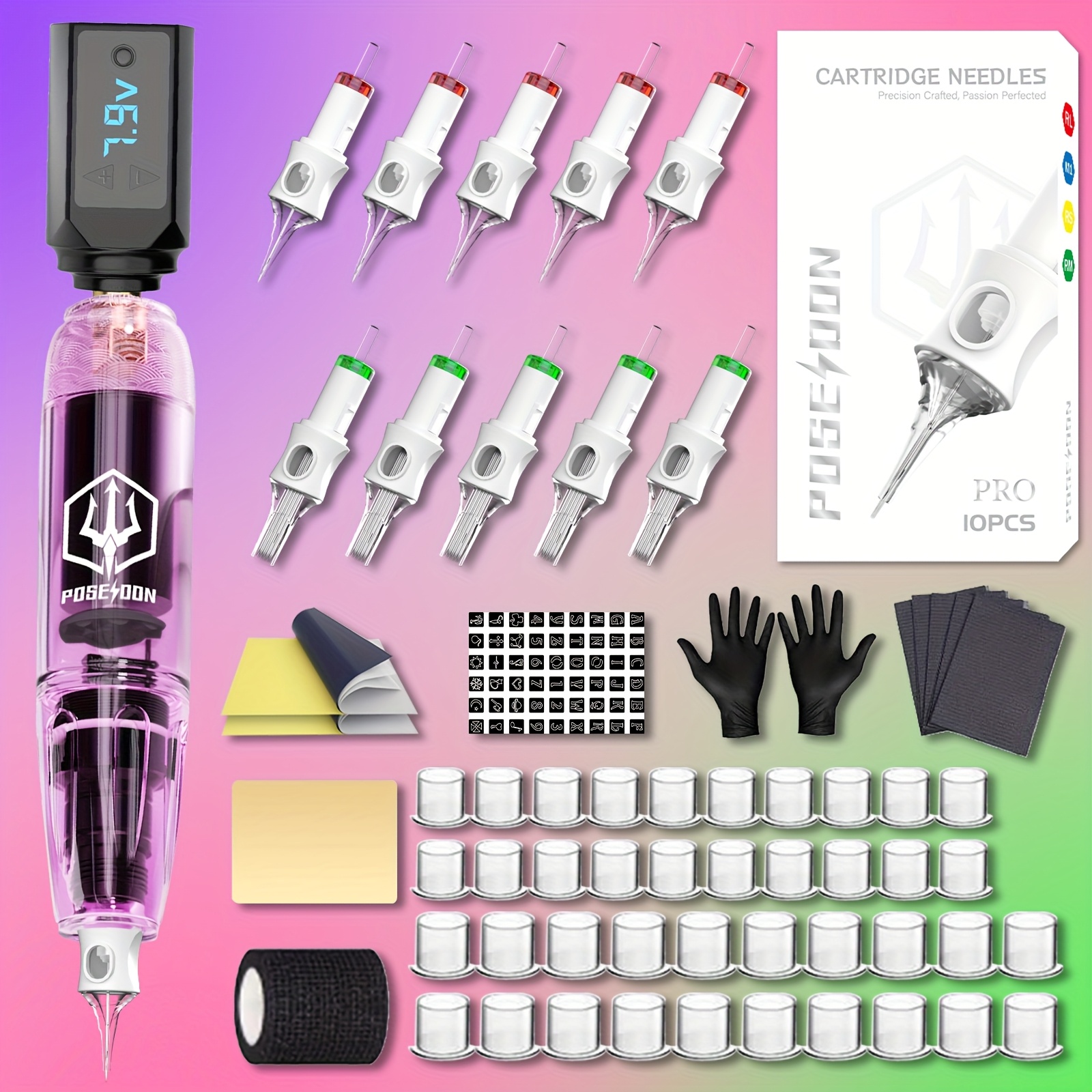 Image of Poseidon Wireless Tattoo Kit - Cordless Rotary Tattoo Pen With 10 Cartridge Needles | Rechargeable Lithium Battery, Usb Powered, Ideal For Beginners & , Tattoo Supplies | Modern, Purple