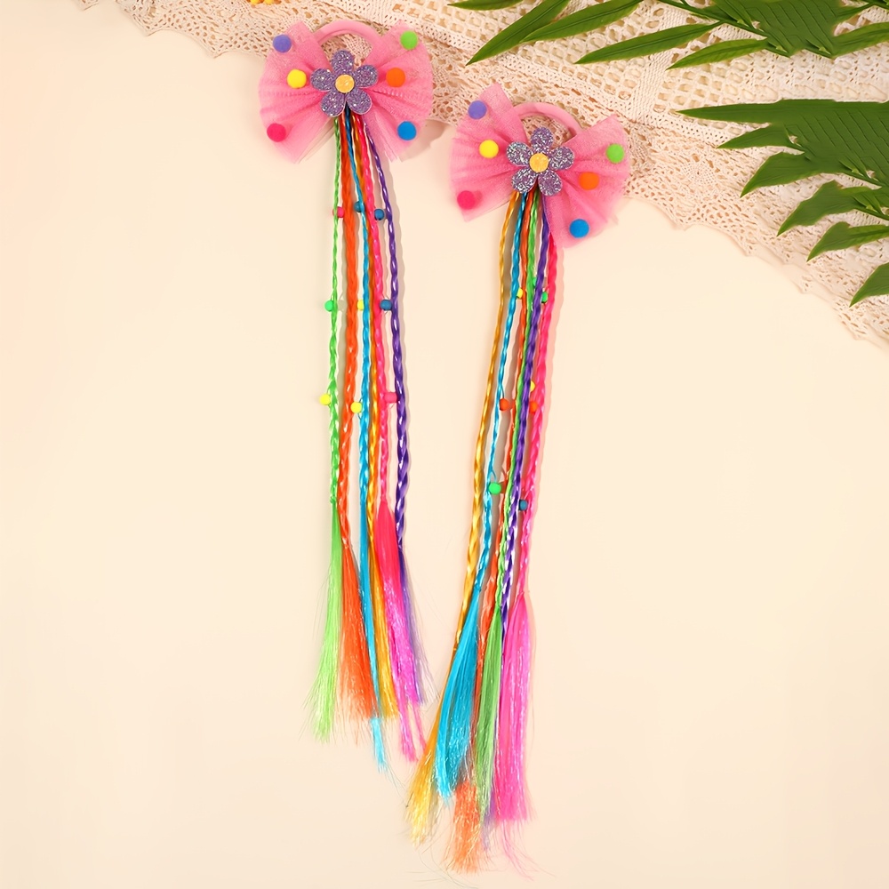 Image of 2pcs Rainbow Braided Hair Ties For, Colorful Wig Ponytail Scrunchies With Bow & Pom Pom, Cute Hair Accessories For Women Birthday Wear