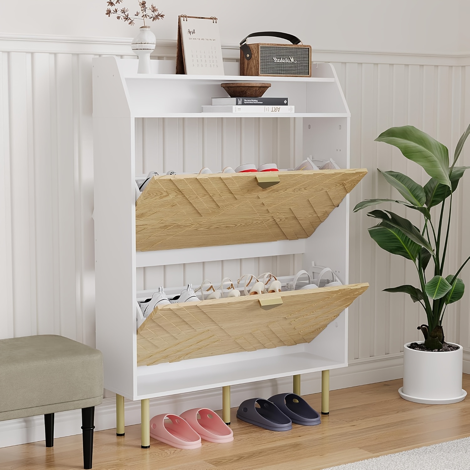 Image of Shoe Cabinet With 2 Flip Drawers, Hidden Shoe Storage Cabinet With A Shelf, Freestanding Wood Shoe Cabinet For Hallway, Entryway, 45" H X 31.1" W X 9.1" D, White And Wood