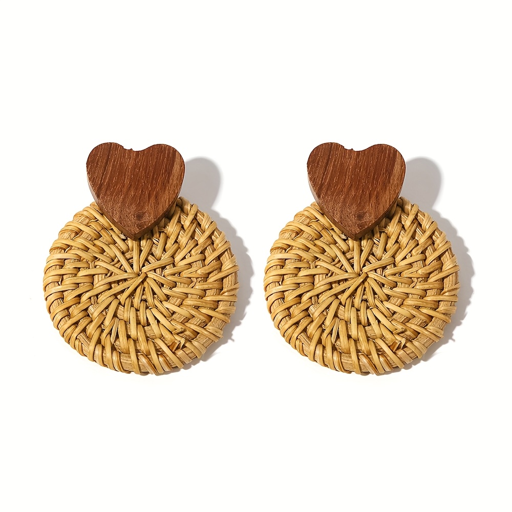 Image of 2pcs Set Big Size Vintage Rattan Weave Earrings Exquisite Bohemian Style Geometry Round Earrings Romantic Heart Shaped Creative Ear Accessories Summer Beach Vacation Jewelry