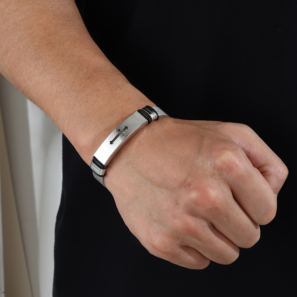 Men's Adjustable Stainless Steel Mesh Cross Bracelet, Gift for Him