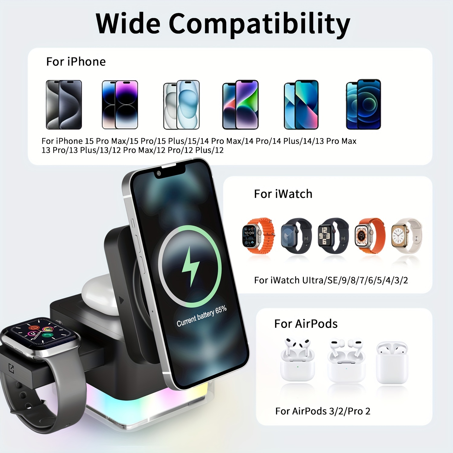 4 in 1 magnetic wireless charger 15w fast charging suitable for iphone16 15 14 13 12 iwatch bluetooth headsets multifunctional vertical mobile phone charging stand vertical horizontal and vertical dual purpose for watching tv series and office Product details 2