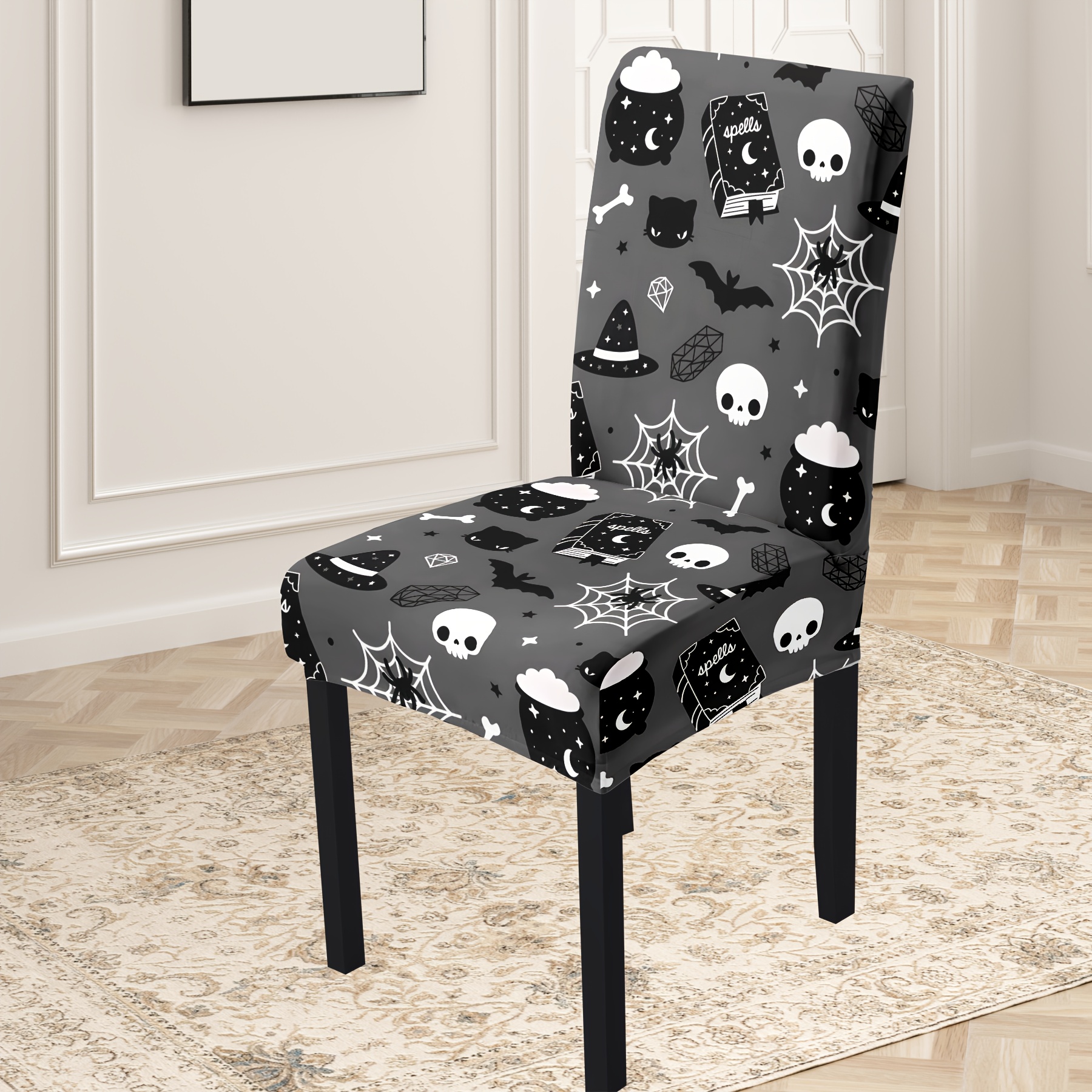 

2/4/6pcs Halloween Cartoon Print Dining Chair Covers, Stretchable Fabric, Spooky Holiday Decor, , Machine Washable, Black With And Bats Design, Fits Most Chairs