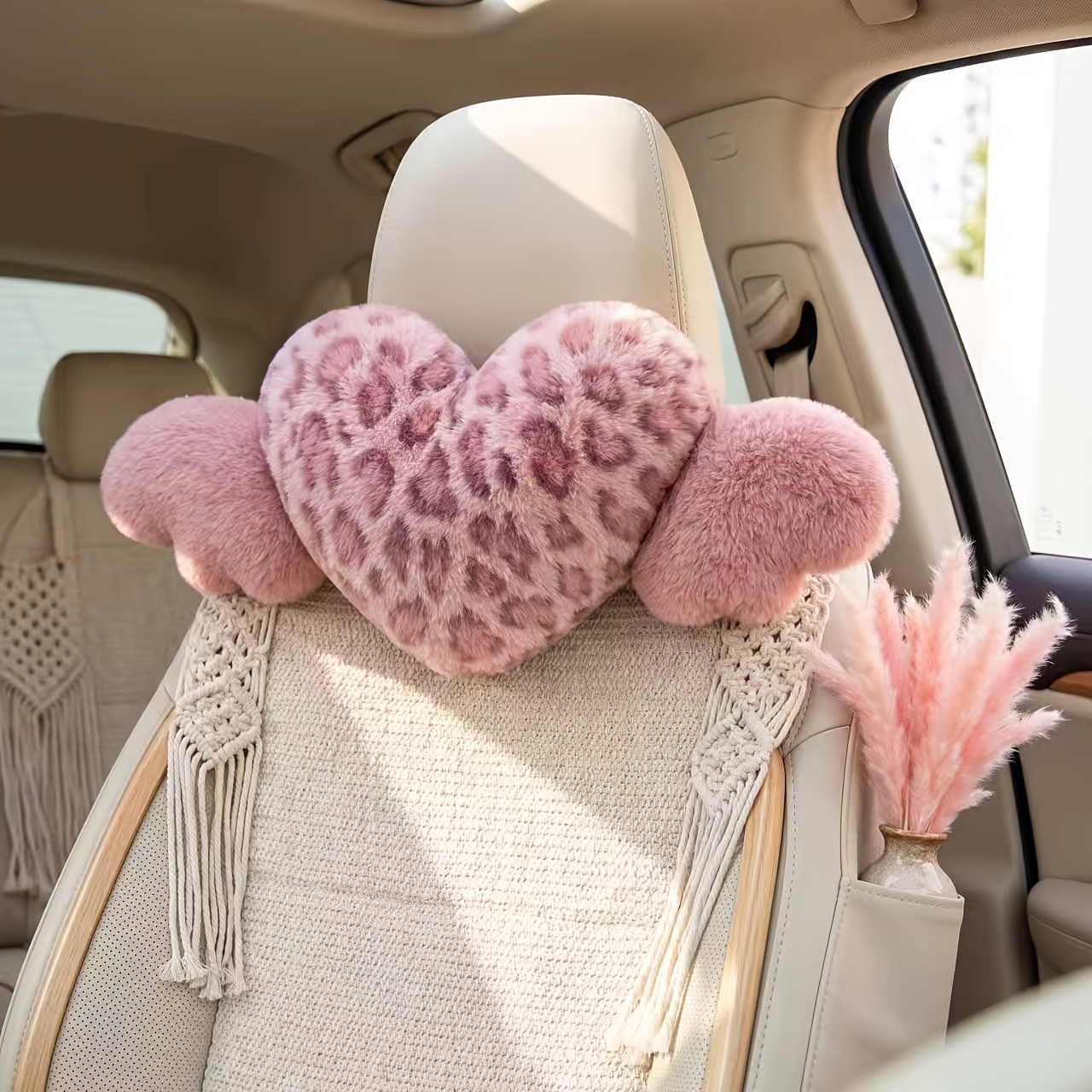 TEMU 1pc Leopard Print Heart Wing Car Headrest Pillow, Soft Faux Fur Neck Support Cushion, Cute Aesthetic Auto Seat Pillow Decor For Women, Universal