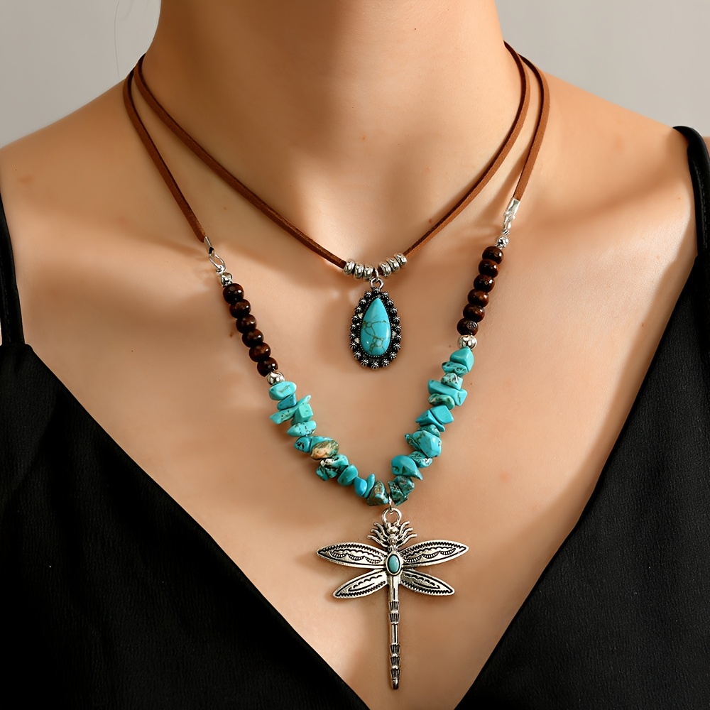 E-shop Zweiteiliges Set Damenmode Anhänger Halskette, Vintage Bohemian Stil Koreanischer Samt Kies Libellen Anhänger Halskette für Damen Herren, ideal