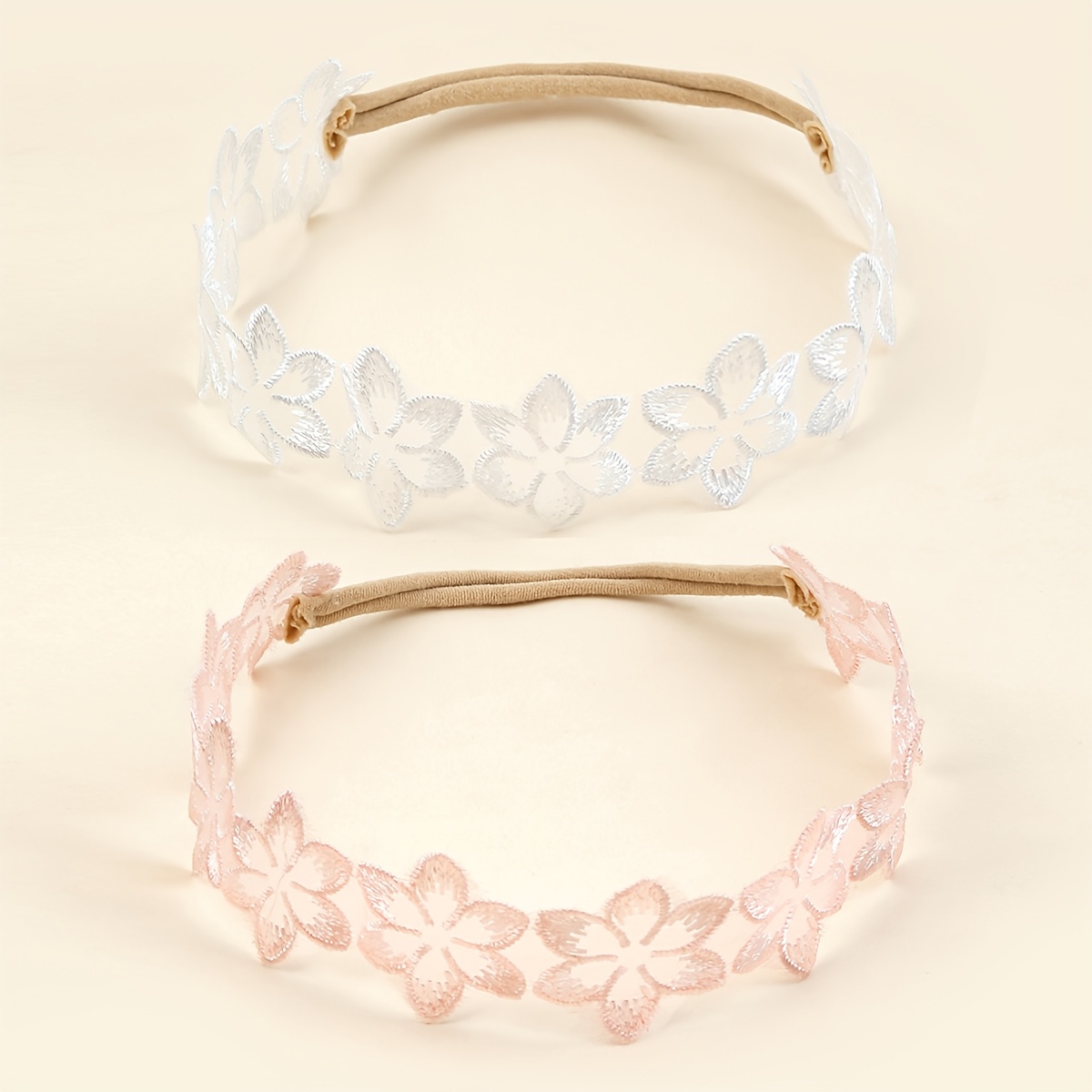 TEMU 2pcs Elegant Style Floral Lace Headbands, White & Pink Flower Embroidered Hair Hoops For Daily Wear, Casual Brunches & Spring