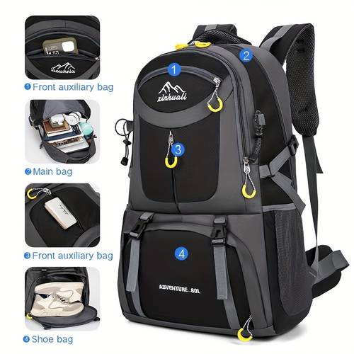 60l lightweight hiking backpack for men women multi compartment outdoor with expandable storage breathable mesh back front organizer side mesh pockets ideal for hiking cycling climbing camping travel
