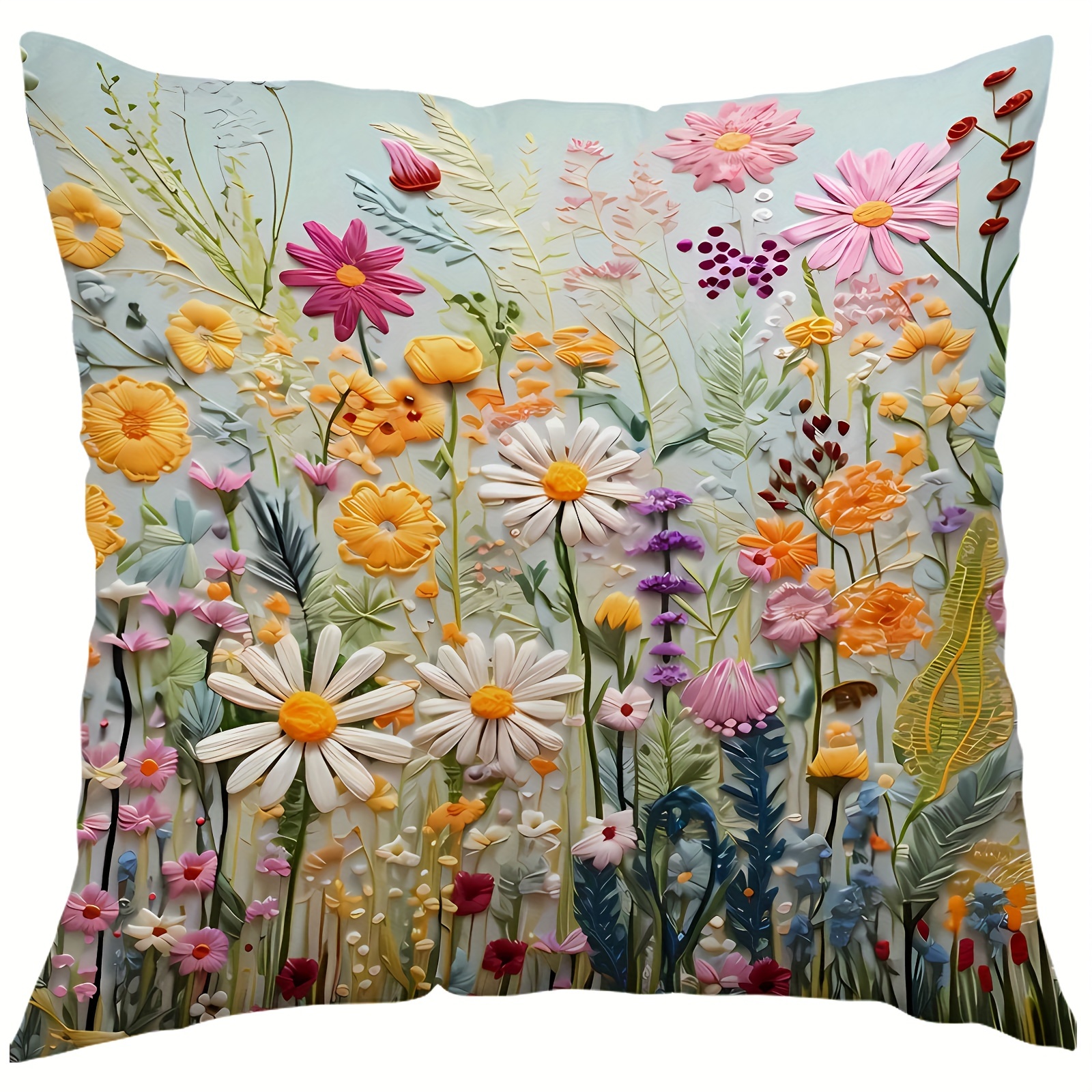 

Colorful Floral Plush Throw Pillow Cover 18x18 Inches - Zippered, Single-sided Print, Perfect For Sofa & Bedroom Decor, Machine Washable