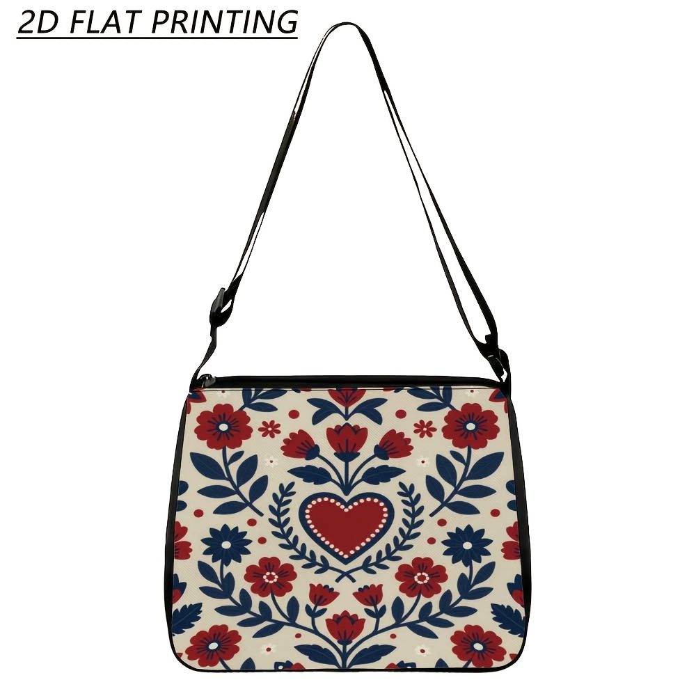 TEMU 1pc Women's Adjustable Crossbody Bag With Floral Heart Print & Zipper Closure - Multicolor Shoulder Purse Suitable For Work, Travel,, Gift,