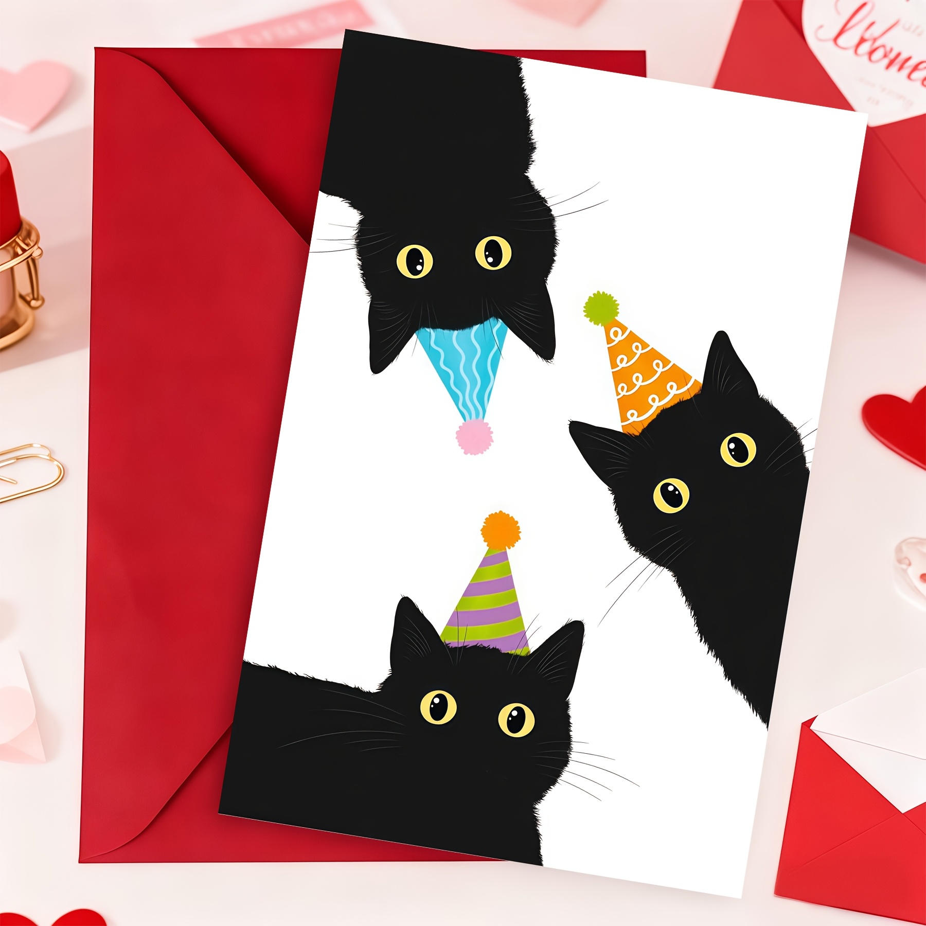 TEMU Cute Black Cat Happy Birthday Card, Cartoon Kitten With Party Hat Greeting Card, Fun Birthday Celebration Card For Cat Lovers With Envelope