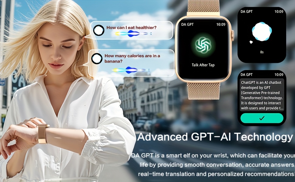 Unisex Smartwatch, 1.9-Inch AMOLED HD Touch Screen, DA GPT AI Fitness Tracker Watch, Supports Wireless Calls/Message Reminders, AI Dials, Smart Voice, Remote Camera, Sitting Reminder, Water Drinking Reminder, Music Control, Alarm Clock, Timer, Health Monitoring Tracker That Can Set Date And Time on The Watch, Suitable for Men And Women, Is The Best Gift for Family/Friends/Relatives, Birthday Gift, Holiday Gift, Christmas Gift