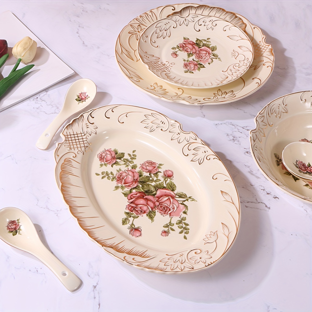 Elegant 12-Inch Golden-Embossed Ceramic Fish Plate - Oval, Large Serving Dish for Steamed Fish & More - Perfect for Home And Commercial Use