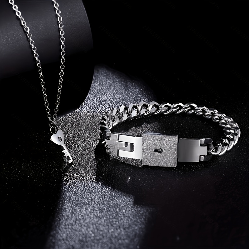 TEMU 2pcs Couple's Matching Necklace & Bracelet Gift Set - Heart Pendant & Square Lock Bracelet, Elegant Matching Suitable For Birthdays, Valentine's