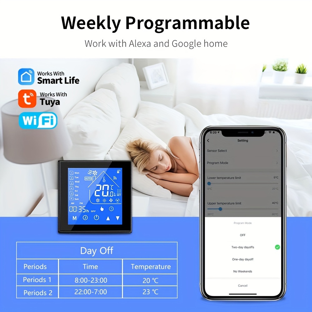 Tuya Smart WiFi Thermostat LCD Touch Screen Electric Heating Thermostat Digital Temperature Controller Supports Google Home Alexa Voice Control