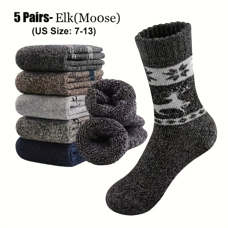 5 Pairs Winter Snowflake Unisex Socks, Fleece Thick Terry Loop Coarse Needle Mid-calf Super Thick Small Flame Wool Socks