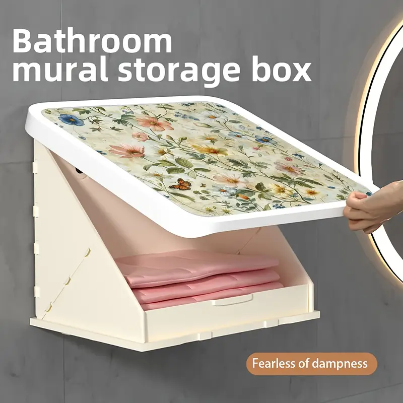 1pc vintage floral pattern mural storage shelf, bathroom hanging storage shelf, waterproof folding shelf, no toilet perforated wall mounted small locker, home organizing and storage, bathroom accessories, space saving details 0