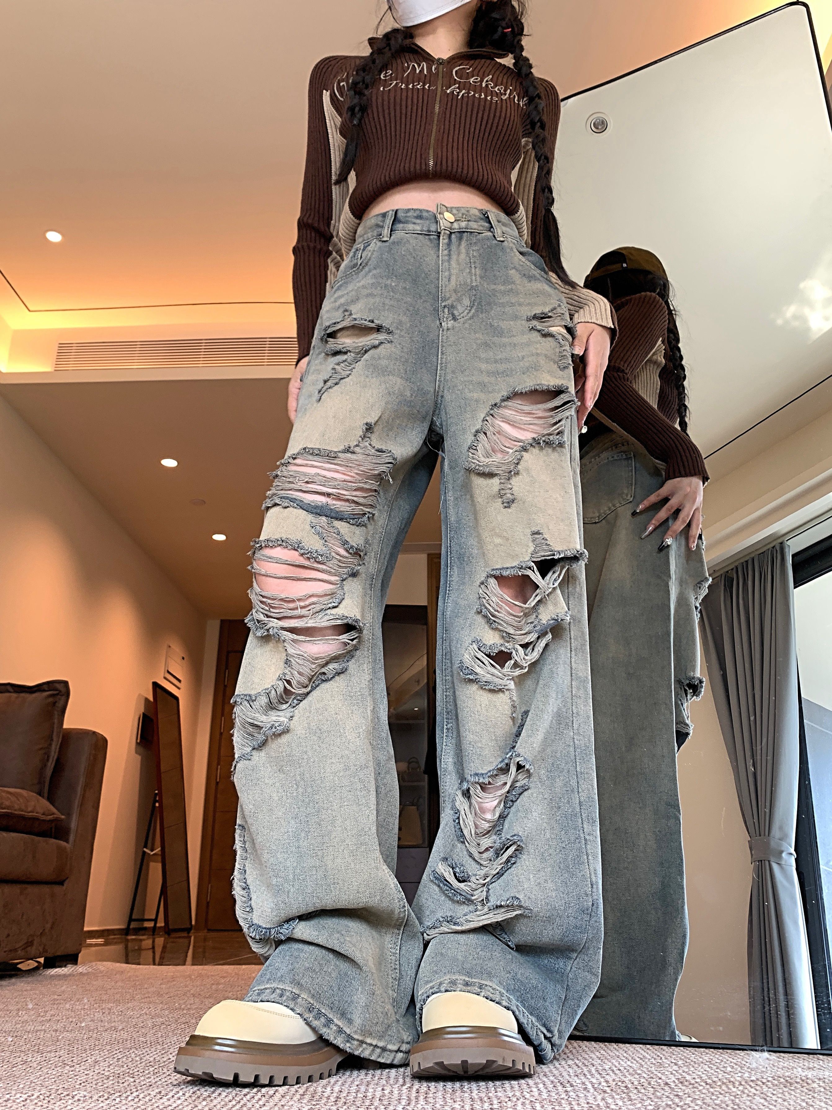 k2345 waste style distressed denim jeans men women high Temu Oman
