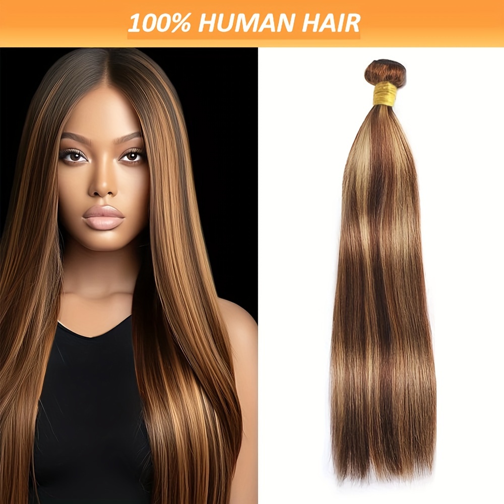 

Brazilian Virgin Human Hair Extensions, 100% Unprocessed Straight Hair Weave Bundle, Honey Blonde #p4/27, Double Weft, No Split Ends, For All Women, 16-28 Inches