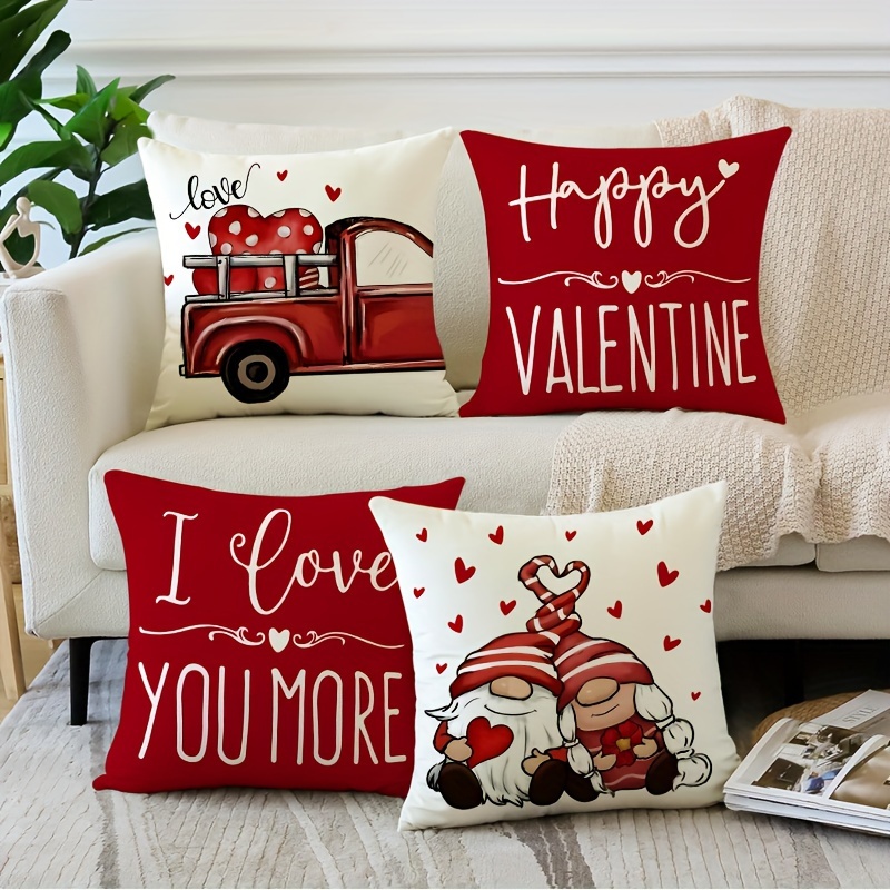 

Vintage Style Valentine's Day Throw Pillow Covers Set Of 4 - Woven Polyester Zippered Cushion Cases 18x18 Inches - Machine Washable - Romantic Red Love & Floral Patterns For Home Decor