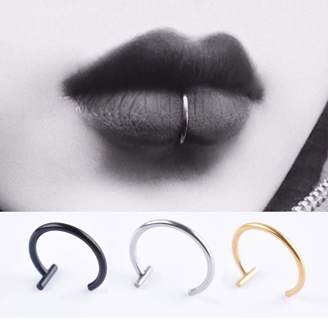 

Elegant And Minimalist 304l Stainless Steel Body Piercings: Lip Ring Set In Black, Golden, And