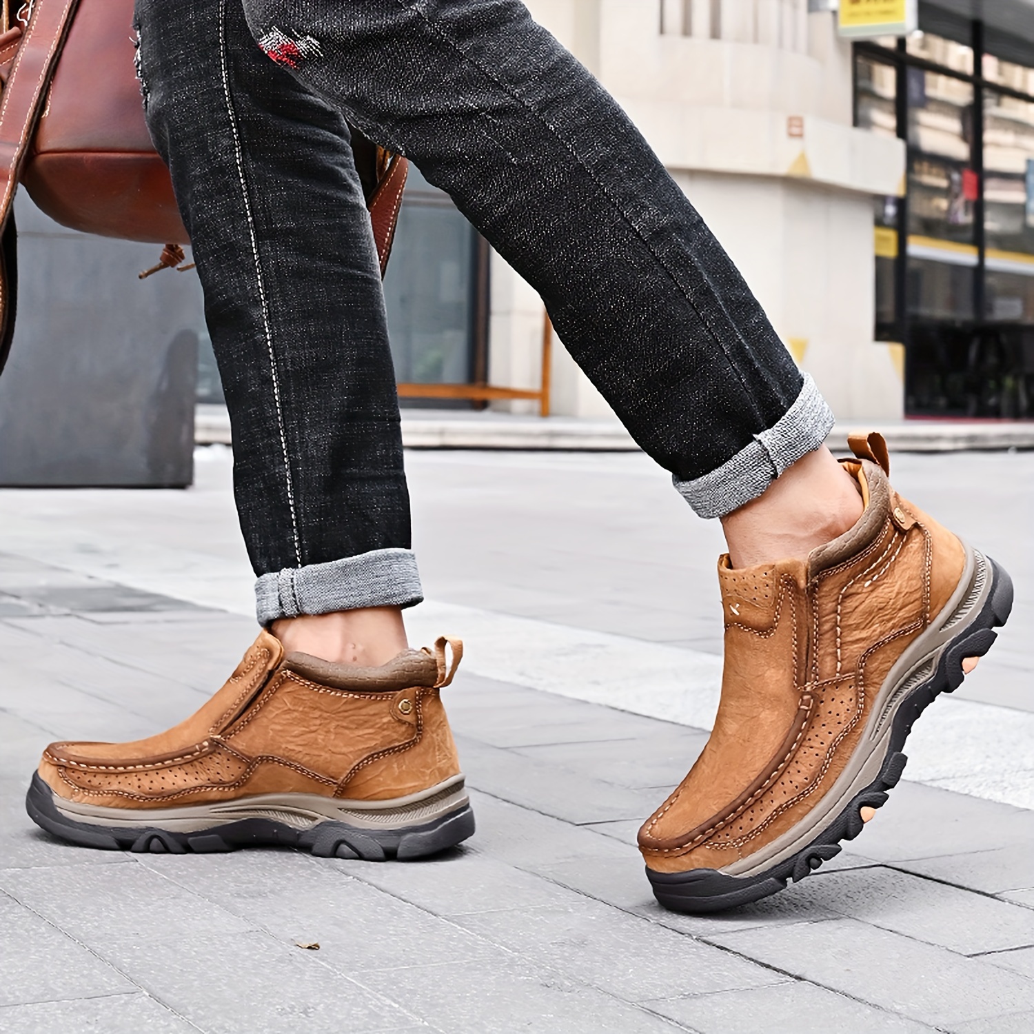 Herr höga läderloafers klassiska slip on vardagsskor för utomhusbruk, vandring, avslappnad klädsel, bekväm ovandel i äkta läder med halkfri gummisula, vardagsskor, slipon loafers, slitstarka gummisuladetaljer 4