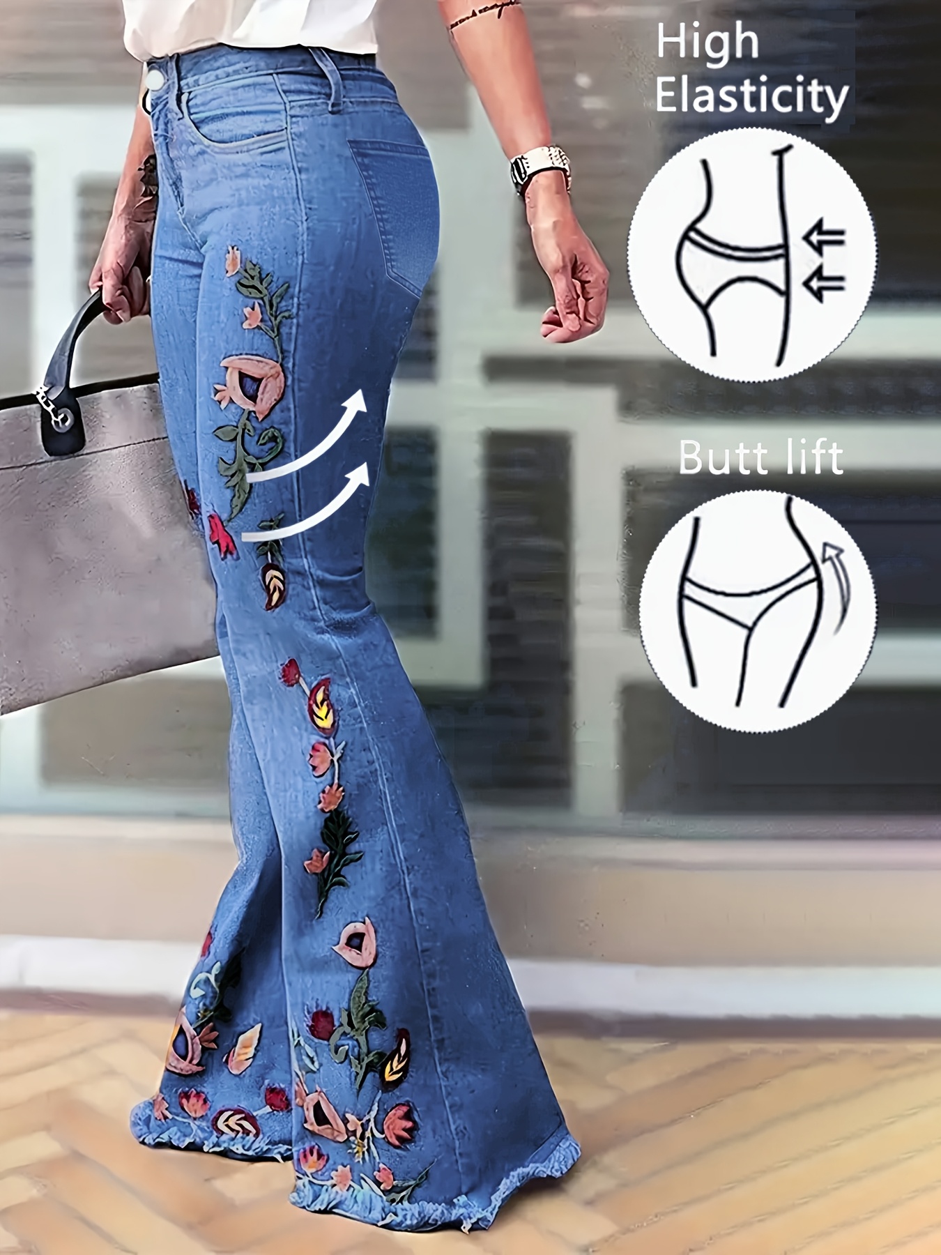 calças jeans plus size 2025 estilo com bordado floral Temu Portugal