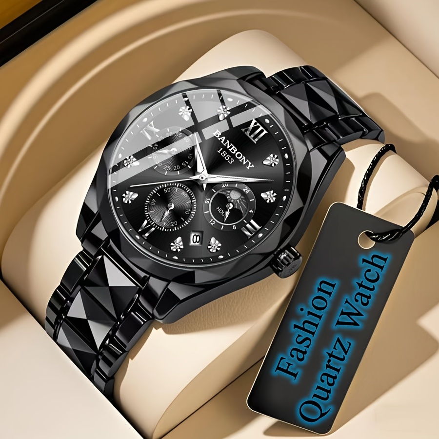 Banbony Men'S Quartz Watch Stainless Steel with Rhinestone Roman Numerals HD Large Dial Waterproof Luminous Display Date Calendar Multi-Function Silent Watch Fashionable Appearance Men'S Luxury Gift for Birthday, Family Gathering, Party