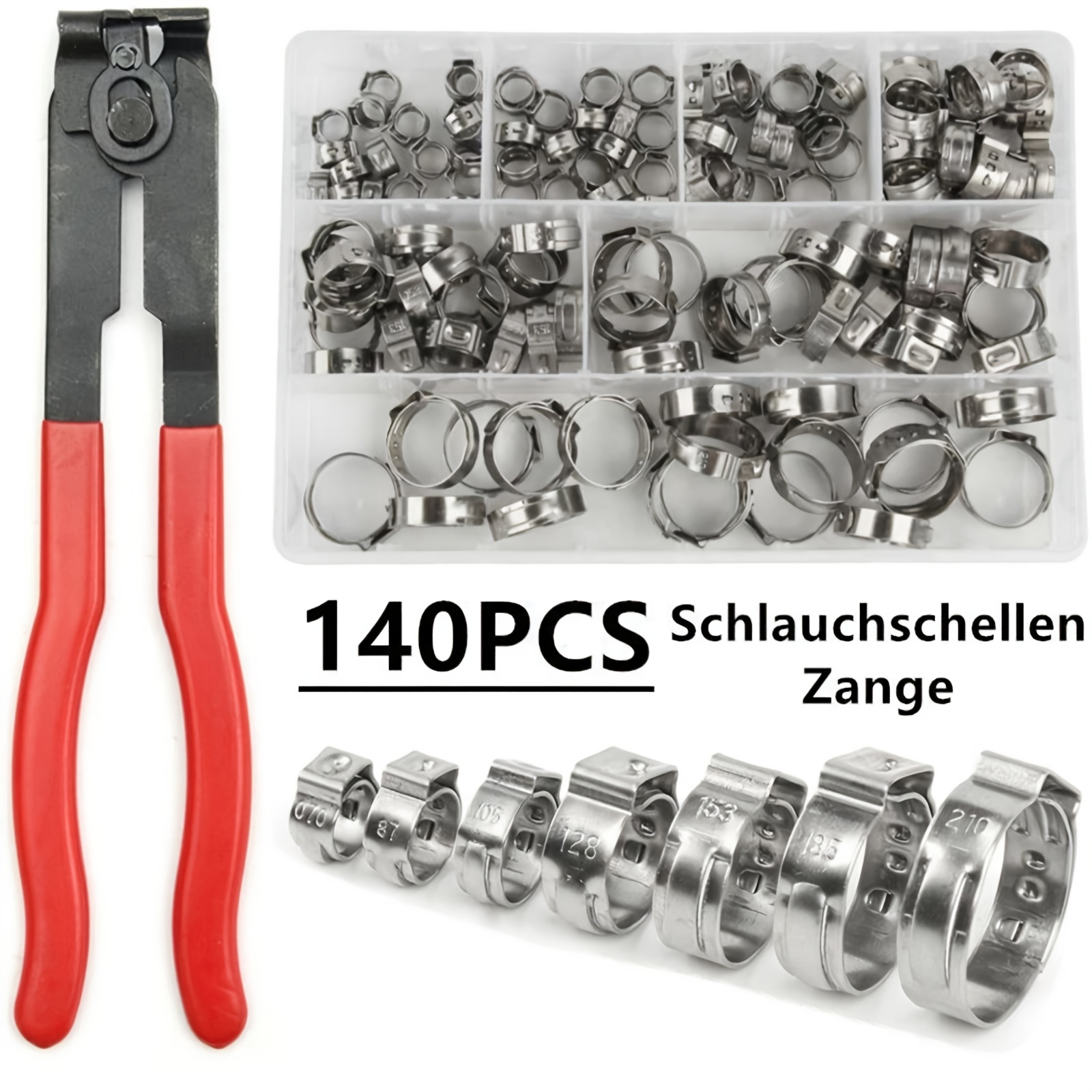140pcs Stainless Steel Single Ear Hose Clamps With Box And 1pc Thin Type Ear Clamp Pliers, Universal Cv Boot Hose Clamp Tool Set