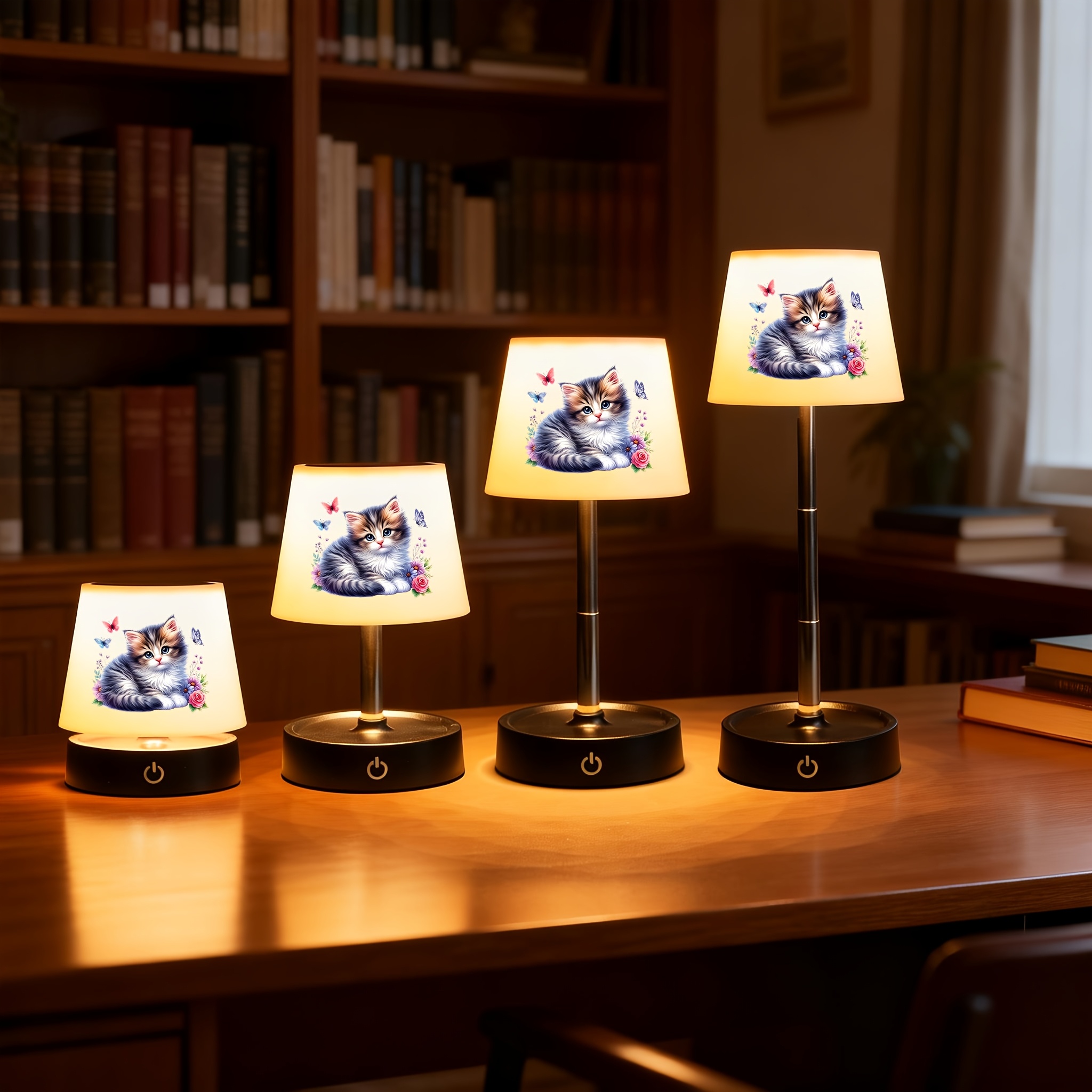 Cute Fluffy Kitten with Flowers & Butterflies Pattern Desk Lamp, Rechargeable LED