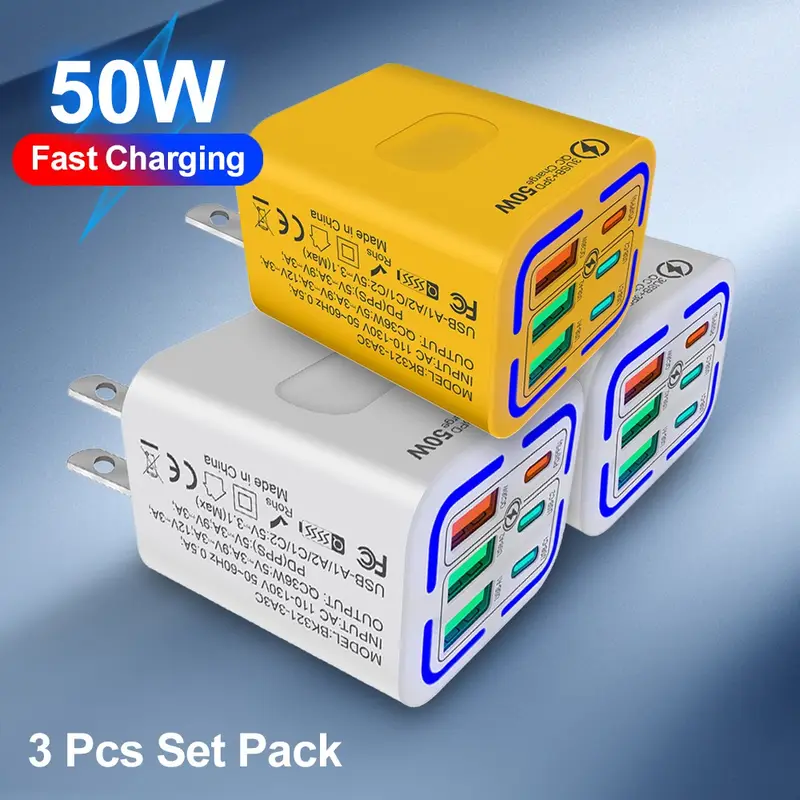 3 pack total 50w 6 ports mobile phone fast charging adapter for iphone for samsung 3pd 3usb charger adapter us plug travel charger wall charger Product details 0