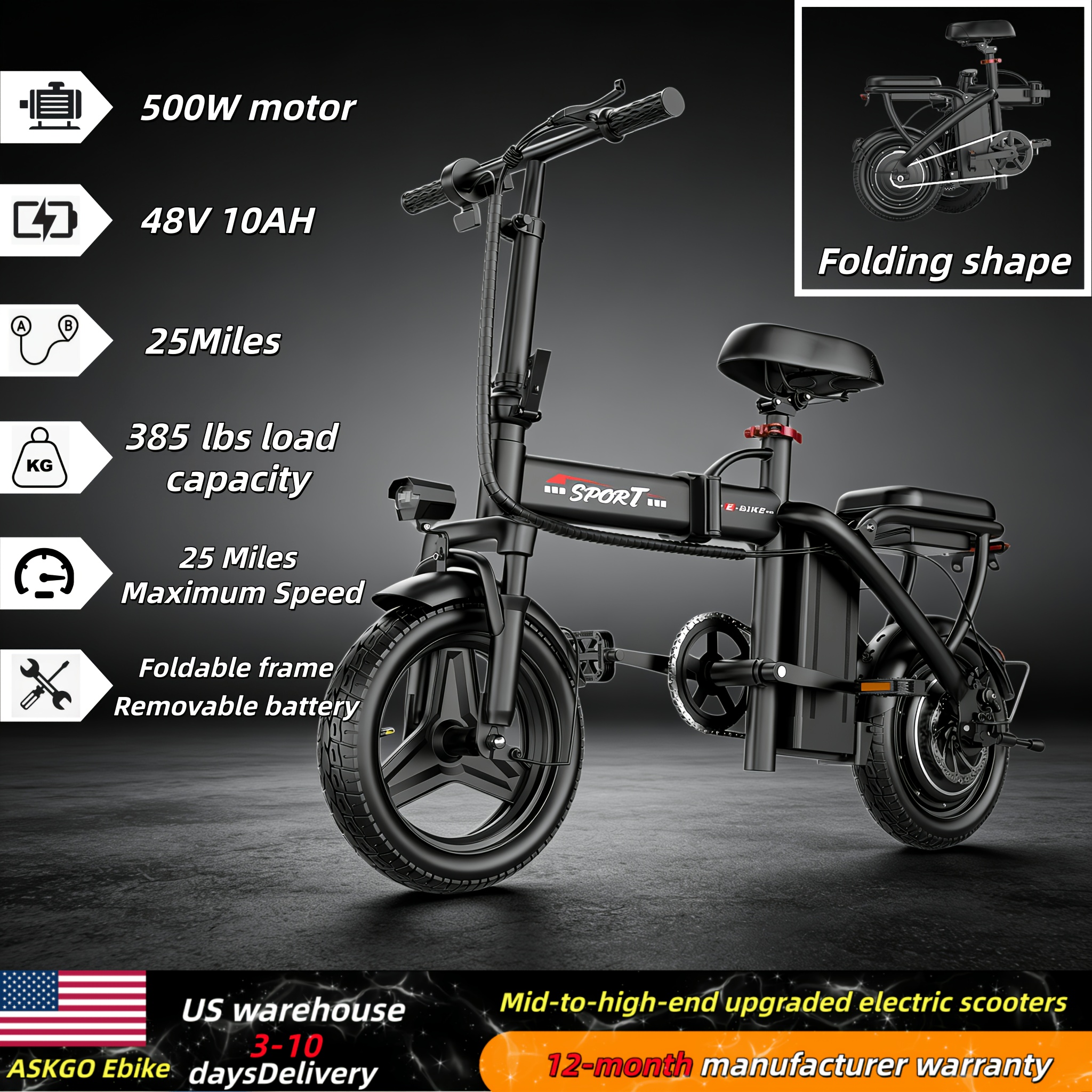 TEMU 500w Electric Bike For Adults, 14-inch Lightweight Folding Electric Bike, Long Range Commuter Electric Bicycle, 48vremovable Battery E Bike, ,