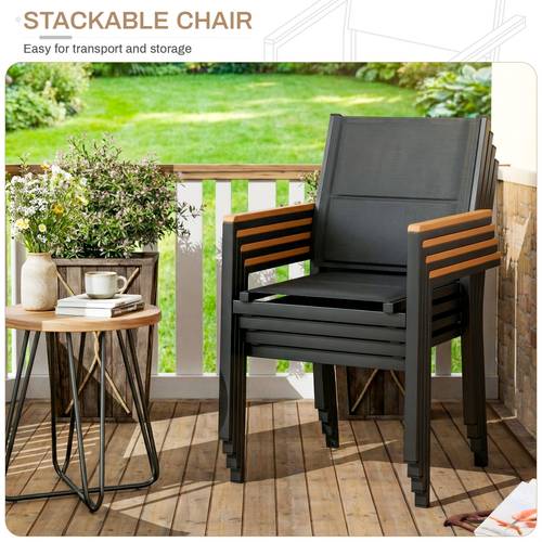 Stackable Outdoor Dining Chairs Set Of 2-6 With Foam-Padded Fabric & Aluminum Frame, 17 Seat Height Patio Chairs With Backrest/Wood-plastic Armrests, Lawn Dining Chair Set For Backyard, Deck & Garde(Gray, Black)