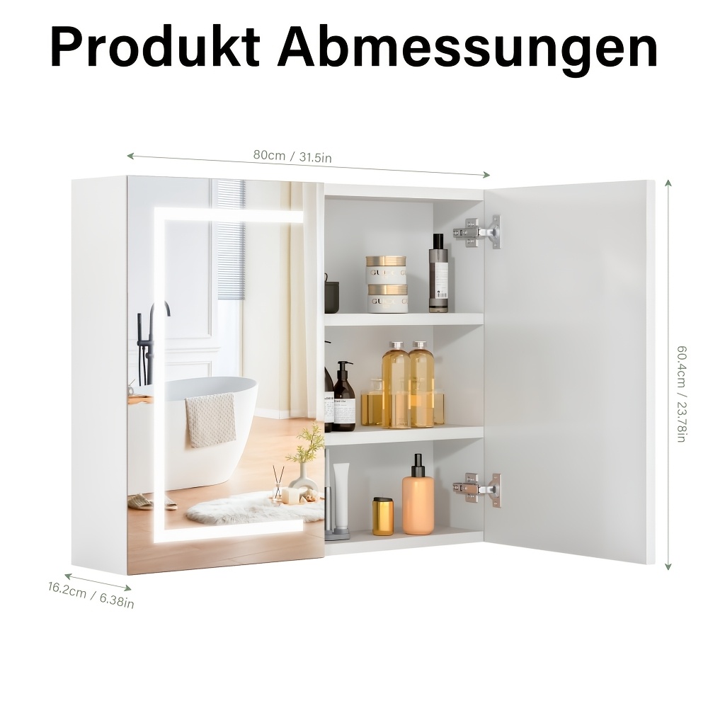 Image of Bathroom Cabinet With Mirror And Led Lights, Wall Mount Bathroom Mirror With Storage Dimmable 3 Color Temp, Mirror Cabinet, , Adjustable Partition, Wall-mounted Storage Cabinet, 80*16.2*60.4cm