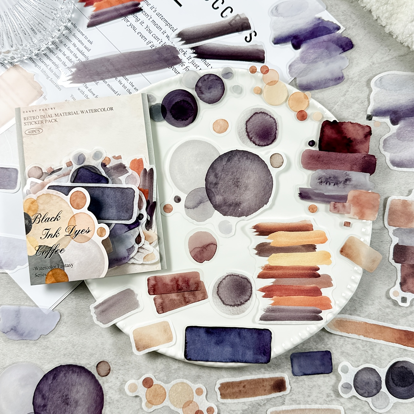 TEMU 1 Pak van 40 Vellen Retro Kleurrijke Waterverf Irregulaire Stickers Gemengd Materiaal Scrapbooking Decoratie Materialen