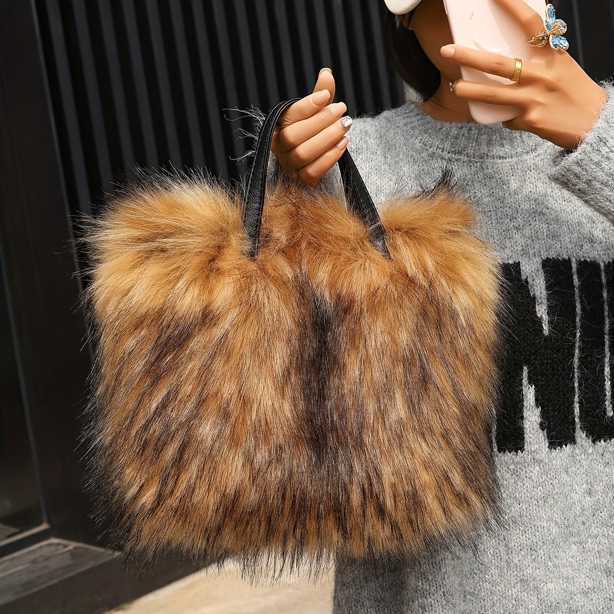 

Vintage-inspired Fur Tote Bag - Deep Khaki Plush Shoulder Handbag With Polyester Lining And Clasp Closure For Autumn &