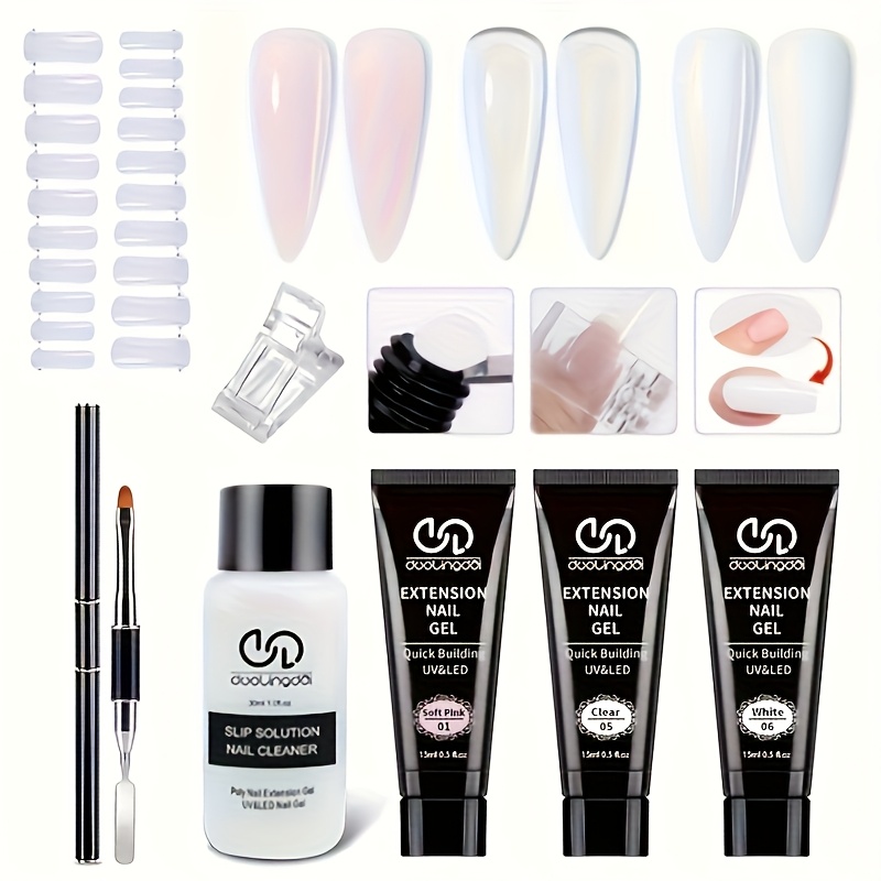 TEMU Poly Nail Gel Kit Starter Kit With U V Lamp 3pcs Poly Extension Gel For Beginners Clear Pink White Nail Art Quick Building Gel Manicure Kits Gift For Women Diy At Home.